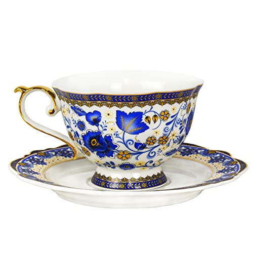 ACMLIFE Bone China Tea Cups and Saucers, 6.8 oz Tea Cup and Saucer Set, with Gold Trim and Gift Box, Blue and White