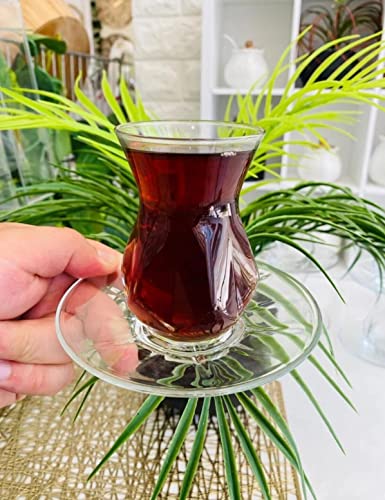 12 Pieces LOVE Turkish Tea Glasses with Saucers Set of 6, Geometric Design, 5 Oz