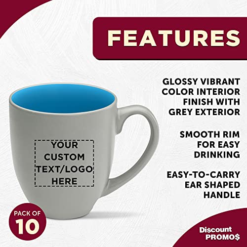 Custom Pop Out Bistro Two Tone Coffee Mugs 16 oz. Set of 10, Personalized Bulk Pack - Perfect for Coffee, Hot Cocoa and other Beverages - Light Blue