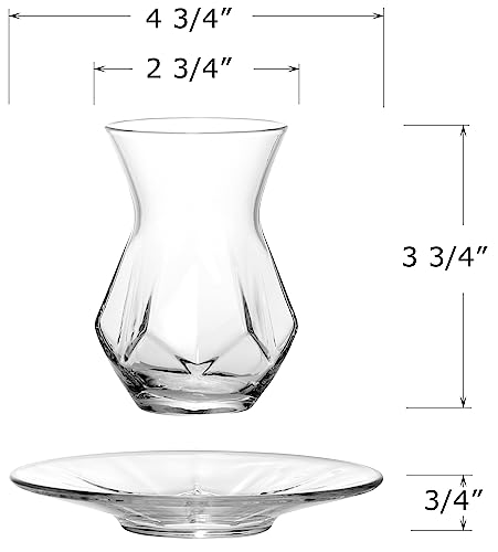 Red Co. Set of 6 Tulip Shaped Geometric Cut Glass 5.5 Fl Oz Turkish Tea Cups with Saucers, Clear