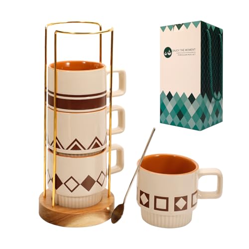 QiYueZaiYe 11 Oz Stackable Porcelain Mug Set with Spoon and Rack - Elegant Geometric Design, 4 Stackable Cups, 4 Stainless Spoons, Wooden Rack - Perfect Home and Office Gift Set