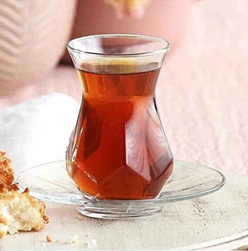 12 Pieces LOVE Turkish Tea Glasses with Saucers Set of 6, Geometric Design, 5 Oz