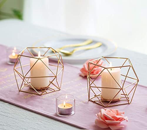 Hewory Geometric Tealight Candle Holders Gold, Modern Metal Geo Wedding Centerpieces for Table, Votive Candle Stand Accent for Tea Light for Home Shelf Mantel Christmas Birthday Party Decor, 2pcs