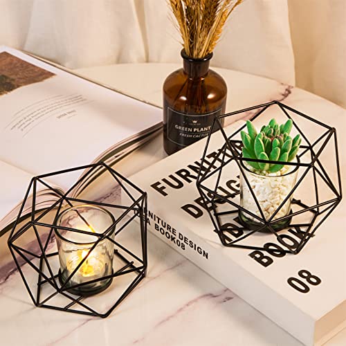 MAINFOR 2 Pcs Black Geometric Tealight Candle Holders with Glass Votive Cups, Wedding Reception Decor for Table Centerpiece, Metal Iron Wire Tea Light Candlestick Holder for Pillar Candles