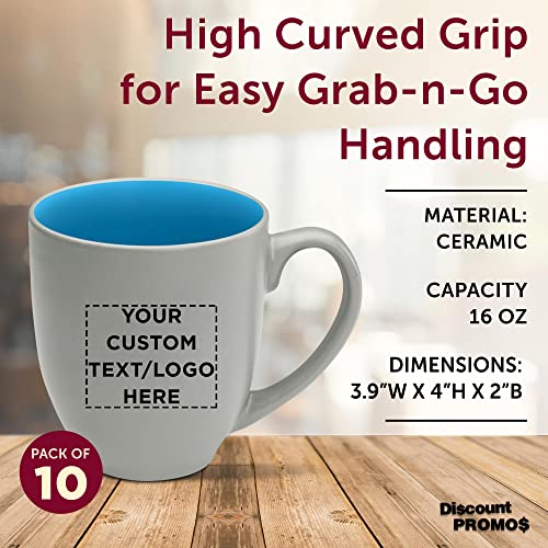Custom Pop Out Bistro Two Tone Coffee Mugs 16 oz. Set of 10, Personalized Bulk Pack - Perfect for Coffee, Hot Cocoa and other Beverages - Light Blue