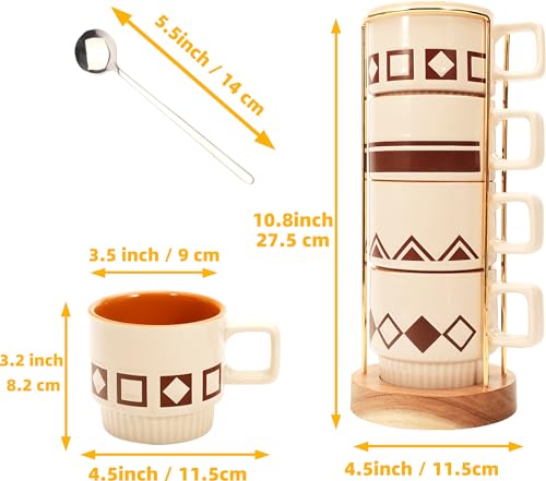 QiYueZaiYe 11 Oz Stackable Porcelain Mug Set with Spoon and Rack - Elegant Geometric Design, 4 Stackable Cups, 4 Stainless Spoons, Wooden Rack - Perfect Home and Office Gift Set