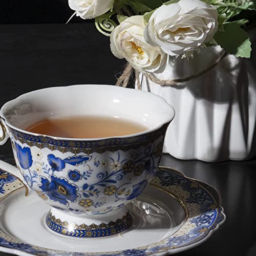 ACMLIFE Bone China Tea Cups and Saucers, 6.8 oz Tea Cup and Saucer Set, with Gold Trim and Gift Box, Blue and White