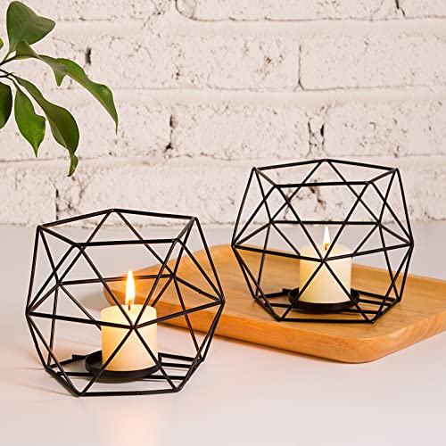 MAINFOR 2 Pcs Black Geometric Tealight Candle Holders with Glass Votive Cups, Wedding Reception Decor for Table Centerpiece, Metal Iron Wire Tea Light Candlestick Holder for Pillar Candles