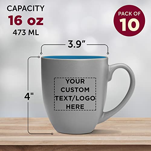 Custom Pop Out Bistro Two Tone Coffee Mugs 16 oz. Set of 10, Personalized Bulk Pack - Perfect for Coffee, Hot Cocoa and other Beverages - Light Blue