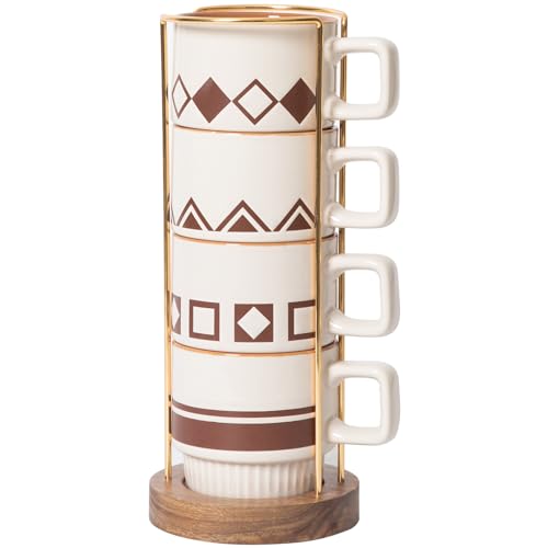 QiYueZaiYe 11 Oz Stackable Porcelain Mug Set with Spoon and Rack - Elegant Geometric Design, 4 Stackable Cups, 4 Stainless Spoons, Wooden Rack - Perfect Home and Office Gift Set