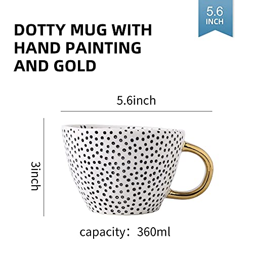 Large Stoneware Coffee Mug Modern Coffee Mugs Tea Cups with Golden Handle Ceramic -White and Black Dotty Pattern