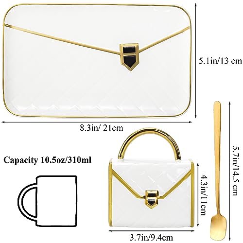 Fasmov Coffee Mug, Handbag Shaped Mug With Saucer and Spoon, Tea Cup Set, Coffee Cups Ceramic Travel Mug, 10.5oz/310ml Coffee Mug Set, Novelty Coffee Cup for Mom Wife Girlfriend Sister, White