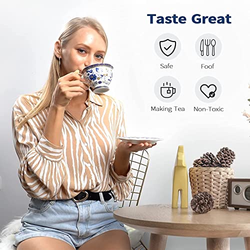 ACMLIFE Bone China Tea Cups and Saucers, 6.8 oz Tea Cup and Saucer Set, with Gold Trim and Gift Box, Blue and White