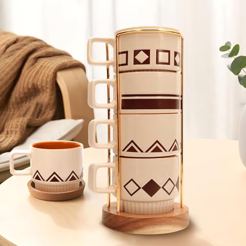 QiYueZaiYe 11 Oz Stackable Porcelain Mug Set with Spoon and Rack - Elegant Geometric Design, 4 Stackable Cups, 4 Stainless Spoons, Wooden Rack - Perfect Home and Office Gift Set