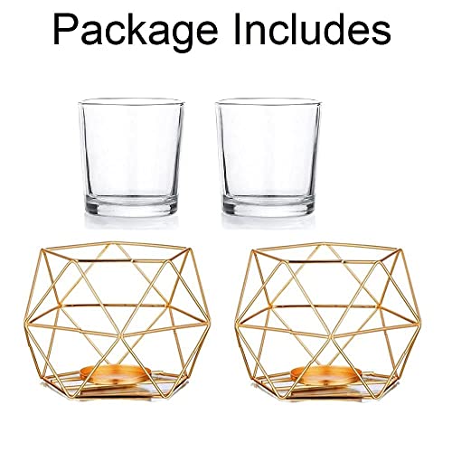 Hewory Geometric Tealight Candle Holders Gold, Modern Metal Geo Wedding Centerpieces for Table, Votive Candle Stand Accent for Tea Light for Home Shelf Mantel Christmas Birthday Party Decor, 2pcs