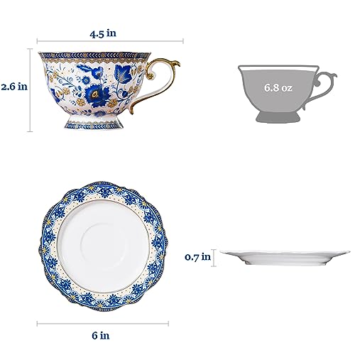 ACMLIFE Bone China Tea Cups and Saucers, 6.8 oz Tea Cup and Saucer Set, with Gold Trim and Gift Box, Blue and White