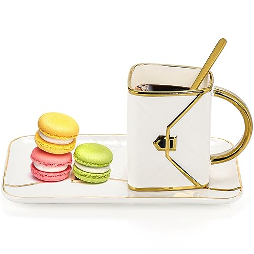 Fasmov Coffee Mug, Handbag Shaped Mug With Saucer and Spoon, Tea Cup Set, Coffee Cups Ceramic Travel Mug, 10.5oz/310ml Coffee Mug Set, Novelty Coffee Cup for Mom Wife Girlfriend Sister, White