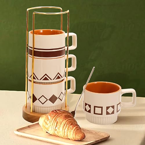 QiYueZaiYe 11 Oz Stackable Porcelain Mug Set with Spoon and Rack - Elegant Geometric Design, 4 Stackable Cups, 4 Stainless Spoons, Wooden Rack - Perfect Home and Office Gift Set