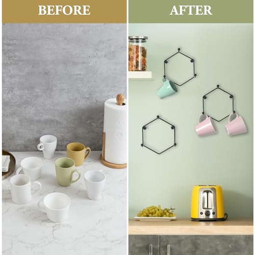 MyGift Modern Wall Mounted Mug Holder Coffee Mug Racks, Geometric Black Metal 9 Cup Rack Holder, Set of 3