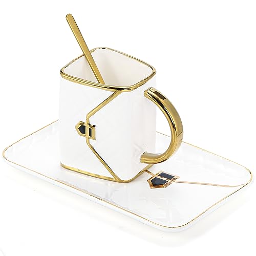 Fasmov Coffee Mug, Handbag Shaped Mug With Saucer and Spoon, Tea Cup Set, Coffee Cups Ceramic Travel Mug, 10.5oz/310ml Coffee Mug Set, Novelty Coffee Cup for Mom Wife Girlfriend Sister, White