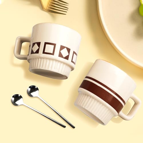 QiYueZaiYe 11 Oz Stackable Porcelain Mug Set with Spoon and Rack - Elegant Geometric Design, 4 Stackable Cups, 4 Stainless Spoons, Wooden Rack - Perfect Home and Office Gift Set