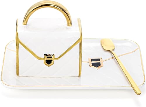 Fasmov Coffee Mug, Handbag Shaped Mug With Saucer and Spoon, Tea Cup Set, Coffee Cups Ceramic Travel Mug, 10.5oz/310ml Coffee Mug Set, Novelty Coffee Cup for Mom Wife Girlfriend Sister, White