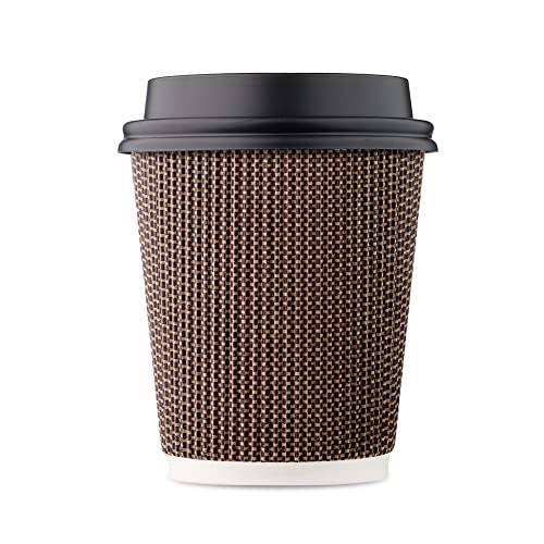 [150 SET]Harvest Pack 8 oz Disposable Coffee Cups, Insulated Ripple Double-Walled Paper Cup with Lid, Brown Geometric, Tea Hot Chocolate Drinks To go coffee cups