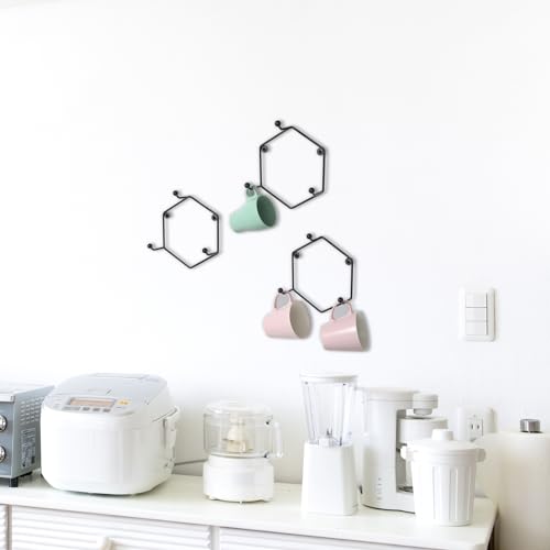 MyGift Modern Wall Mounted Mug Holder Coffee Mug Racks, Geometric Black Metal 9 Cup Rack Holder, Set of 3