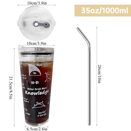 LIYAZHIL 35OZ Glass Tumbler with Straw and Lid Sealed High Capacity Iced Coffee Cup Geometric Pattern Drinking Glass Cups for Water, Iced Tea Fruit Juice