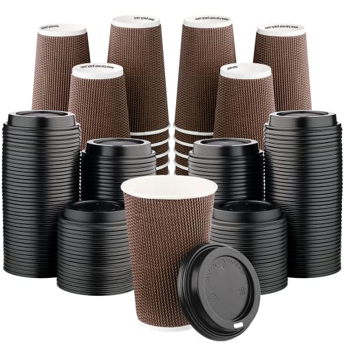[340 SET]Harvest Pack 16 oz Disposable Coffee Cups, Insulated Ripple Double-Walled Paper Cup with Lid, Brown Geometric, Tea Hot Chocolate Drinks To go coffee cups