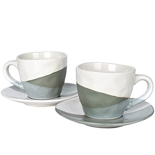 Bosmarlin Stoneware Coffee Cup Mug with Saucer Set of 2 for Latte, Cappuccino, Tea, Oz, Dishwasher and Microwave Safe (Geometric Green, 2)