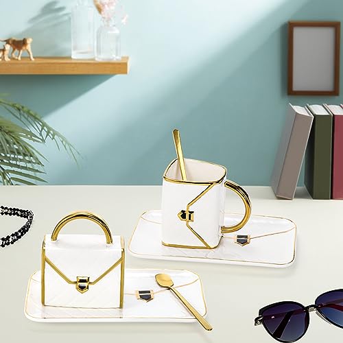 Fasmov Coffee Mug, Handbag Shaped Mug With Saucer and Spoon, Tea Cup Set, Coffee Cups Ceramic Travel Mug, 10.5oz/310ml Coffee Mug Set, Novelty Coffee Cup for Mom Wife Girlfriend Sister, White