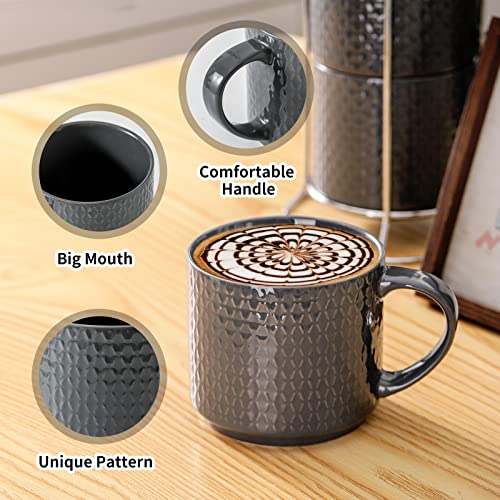 Hasense Coffee Mugs Set of 4 with Stand, 15 oz Porcelain Stackable Coffee Cups Set with handle for Tea, Latte, Milk and Cappuccino, Grey Embossed Tea Cups Set with Geometric Patterns for Men and Women