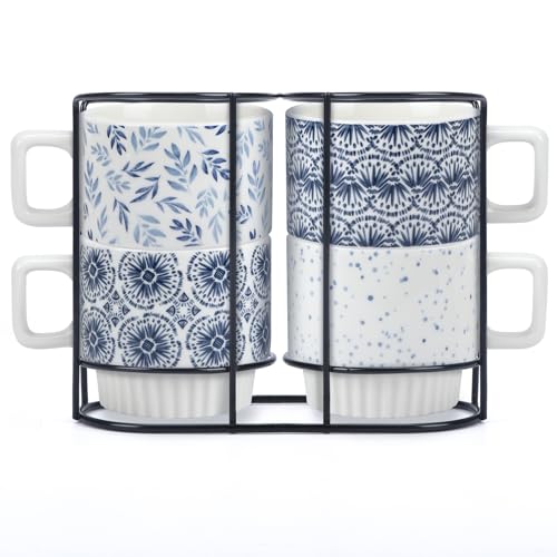 QUTREY Coffee Mugs Set of 4, 12oz Stackable Ceramic Mug Cup with Square Shaped Handle for Tea, Latte, Cocoa, Milk, Housewarming and Christmas Gifts, Geometric Pattern