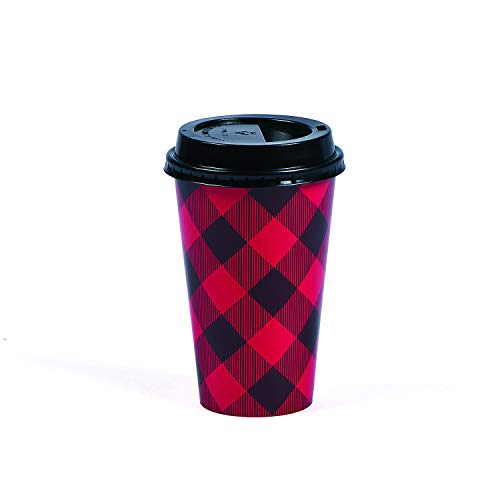 Fun Express Buffalo Plaid Insulated Coffee Cups with Lids (12 Pack) Holiday, Seasonal Party Supplies, Lumberjack Party Decorations, Hot Cocoa and Coffee Drinkware