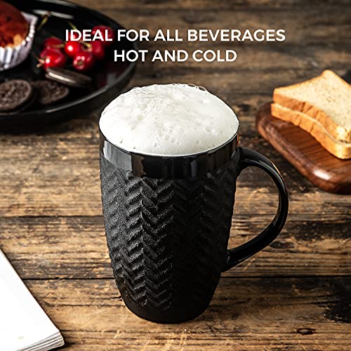 AmorArc Large Coffee Mugs Set of 6, 22oz Ceramic Tall Coffee Mugs Set with Textured Geometric Patterns for Latte/Tea/Beer/Hot Cocoa, Dishwasher & Microwave Safe, Black