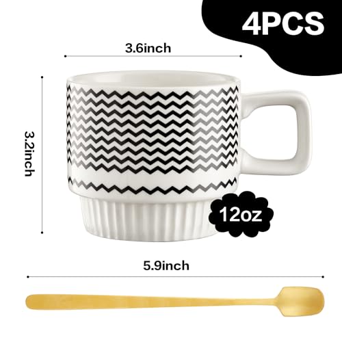 Set of 4 Ceramic Espresso Cups, 12 oz Cappuccino Cup with Spoons Stackable Tea Cup Set Espresso Coffee Cup Modern Geometric Black White Small Cafe Ice Coffee Mug Mocha Latte Tea Cups Christmas Gifts