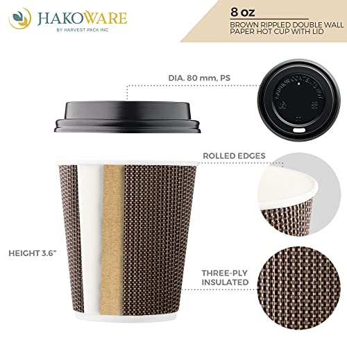 [150 SET]Harvest Pack 8 oz Disposable Coffee Cups, Insulated Ripple Double-Walled Paper Cup with Lid, Brown Geometric, Tea Hot Chocolate Drinks To go coffee cups