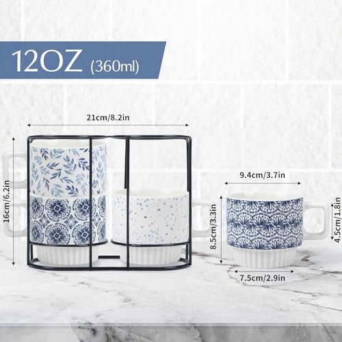 QUTREY Coffee Mugs Set of 4, 12oz Stackable Ceramic Mug Cup with Square Shaped Handle for Tea, Latte, Cocoa, Milk, Housewarming and Christmas Gifts, Geometric Pattern