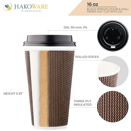 [340 SET]Harvest Pack 16 oz Disposable Coffee Cups, Insulated Ripple Double-Walled Paper Cup with Lid, Brown Geometric, Tea Hot Chocolate Drinks To go coffee cups