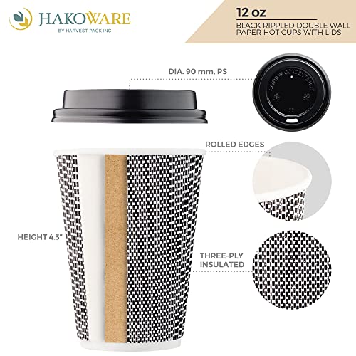 [100 SET]Harvest Pack 12 oz Disposable Coffee Cups, Insulated Ripple Double-Walled Paper Cup with Lid, Black and White Geometric, Tea Hot Chocolate Drinks To go coffee cups