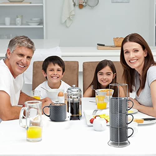 Hasense Coffee Mugs Set of 4 with Stand, 15 oz Porcelain Stackable Coffee Cups Set with handle for Tea, Latte, Milk and Cappuccino, Grey Embossed Tea Cups Set with Geometric Patterns for Men and Women