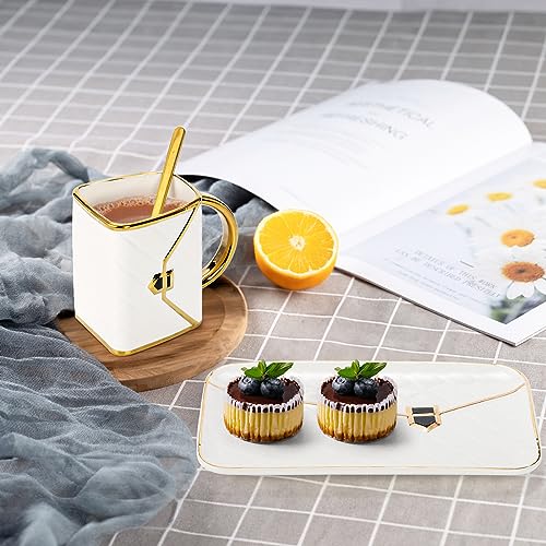 Fasmov Coffee Mug, Handbag Shaped Mug With Saucer and Spoon, Tea Cup Set, Coffee Cups Ceramic Travel Mug, 10.5oz/310ml Coffee Mug Set, Novelty Coffee Cup for Mom Wife Girlfriend Sister, White