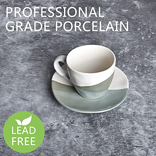 Bosmarlin Stoneware Coffee Cup Mug with Saucer Set of 2 for Latte, Cappuccino, Tea, Oz, Dishwasher and Microwave Safe (Geometric Green, 2)