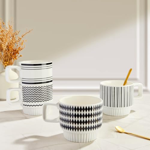 Set of 4 Ceramic Espresso Cups, 12 oz Cappuccino Cup with Spoons Stackable Tea Cup Set Espresso Coffee Cup Modern Geometric Black White Small Cafe Ice Coffee Mug Mocha Latte Tea Cups Christmas Gifts