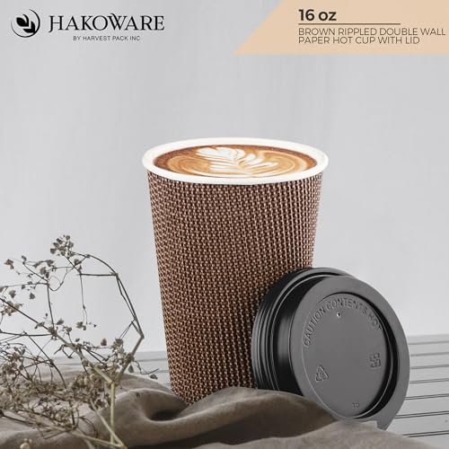 [340 SET]Harvest Pack 16 oz Disposable Coffee Cups, Insulated Ripple Double-Walled Paper Cup with Lid, Brown Geometric, Tea Hot Chocolate Drinks To go coffee cups