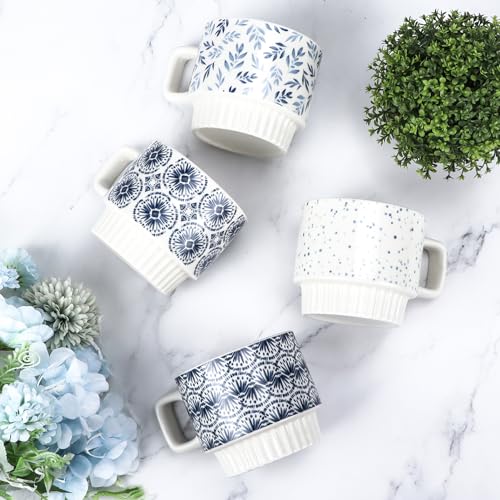 QUTREY Coffee Mugs Set of 4, 12oz Stackable Ceramic Mug Cup with Square Shaped Handle for Tea, Latte, Cocoa, Milk, Housewarming and Christmas Gifts, Geometric Pattern