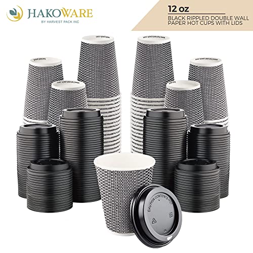 [100 SET]Harvest Pack 12 oz Disposable Coffee Cups, Insulated Ripple Double-Walled Paper Cup with Lid, Black and White Geometric, Tea Hot Chocolate Drinks To go coffee cups