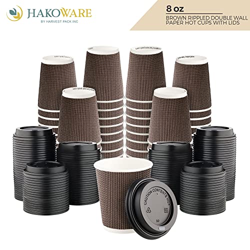 [150 SET]Harvest Pack 8 oz Disposable Coffee Cups, Insulated Ripple Double-Walled Paper Cup with Lid, Brown Geometric, Tea Hot Chocolate Drinks To go coffee cups