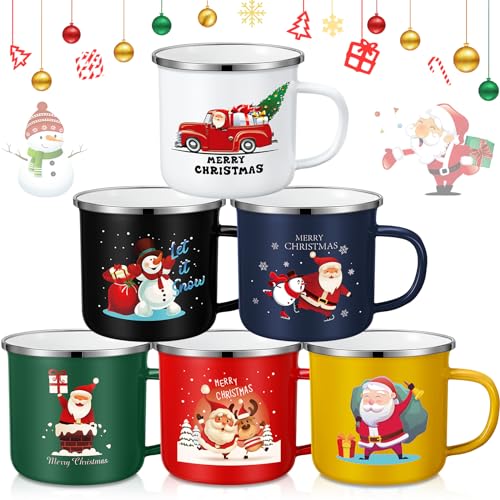 Zhehao 6 Pcs Christmas Coffee Mug Winter Holiday Enamel Mugs 12 oz Seasonal Merry Christmas Hot Chocolate Mug Xmas Coffee Cups for Christmas Coffee Tea Women Kids Coworkers Gift (Funny Santa Design)